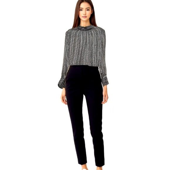 H&M Patterned Sheer Standup Long Sleeve Crepe Dressy Metallic Blouse - Picture 3 of 14